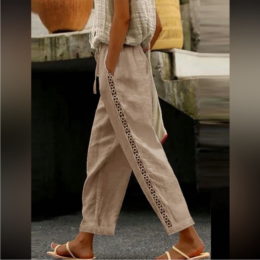 Luxe Casual Tan Pants with Lace Trim